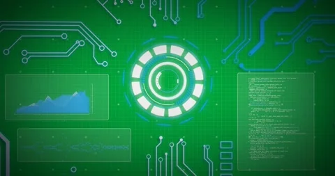 Animation of glowing blue computer circuit board elements over scope and data Video stock 325484623
