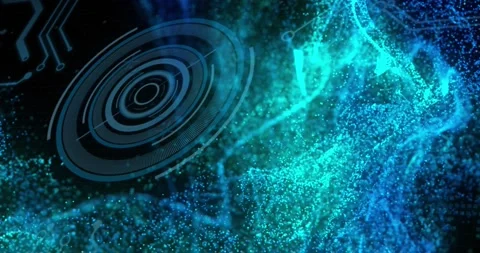 Animation of glowing blue digital wave over round scanner and microprocessor Vídeo Stock 233051708
