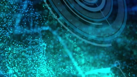 Animation of glowing blue digital wave over round scanner and microprocessor Stockbeeldmateriaal 312620103