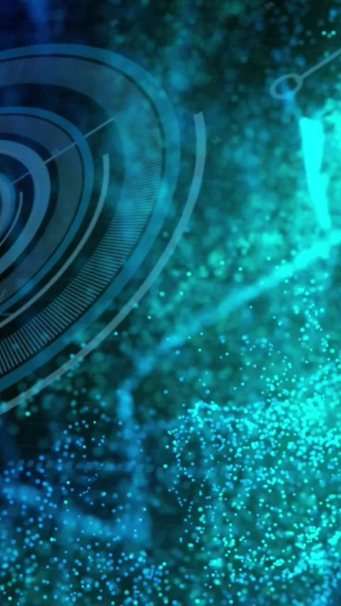 Animation of glowing blue digital wave over round scanner and microprocessor Vídeo Stock 321625670