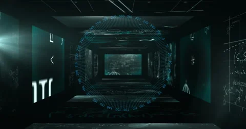 Animation of glowing blue elements in digital tunnel with mathematical equations Stock Footage 303457314