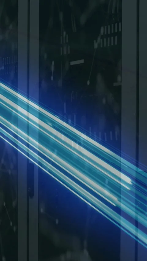 Animation of glowing blue light trails and network of connections over computer Stock Footage 322559916