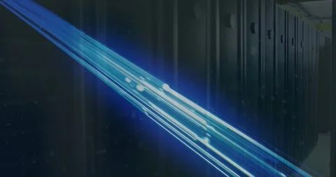Animation of glowing blue light trails over empty computer server room Stock Footage 326630477