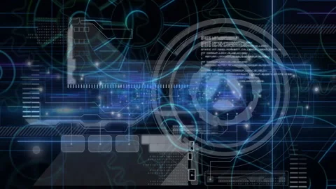 Animation of glowing blue lines and data processing elements in futuristic 動画素材 304840312