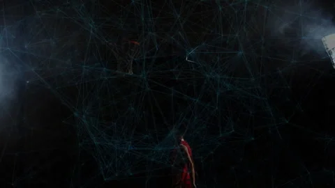Animation of glowing blue lines and nodes over person in red jacket Stock Footage 305686273