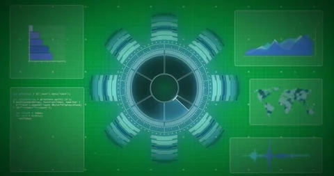 Animation of glowing blue scope, world map statistics and data processing Stock Footage 325030722