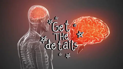 Animation of glowing brain in human skeleton with Get details text in foreground Stock Footage 303420865