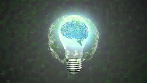 Animation of glowing brain inside light bulb with green network pattern Stock Footage 304644607