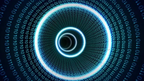 Animation of glowing circles pulsating over binary coding data processing Stock Footage 157349783