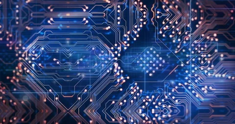 Animation of glowing circuit board pattern with lines and nodes on blue Stock Footage 304077638