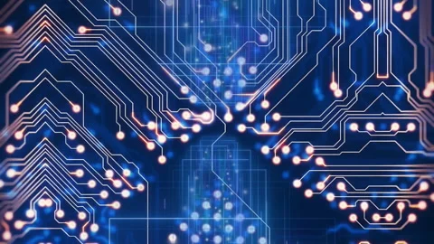 Animation of glowing circuit board pattern with lines and nodes on blue Stock Footage 313447233