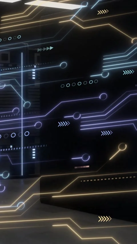 Animation of glowing circuit lines overlaying data patterns in server room Stock Footage 319617516