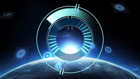 Animation of glowing circular interface elements over Earth from space Stock Footage 303420993