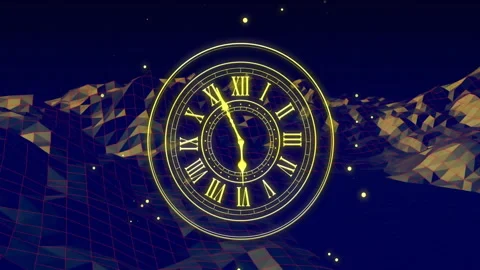 Animation of glowing clock face with Roman numerals over geometric landscape Stock Footage 304203710