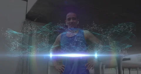 Animation of glowing communication network over resting male athlete exercising Stock Footage 328401805