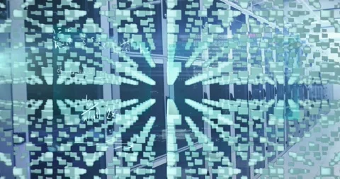 Animation of glowing computer circuit board and binary coding over server Stock Footage 330779946