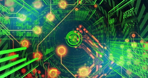 Animation of glowing digital circuit board with binary code patterns in Stock Footage 303588827