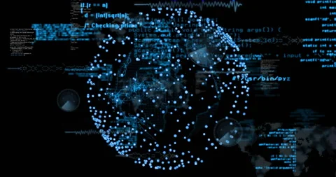 Animation of glowing digital globe with data points and programming code overlay Stock Footage 306170323