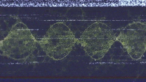 Animation of glowing DNA strand with digital network pattern on dark blue Stock Footage 303564177