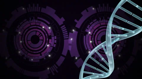 Animation of glowing DNA strand with digital elements on dark background Stock Footage 304075388