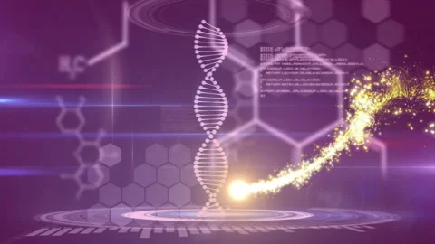Animation of glowing DNA strand with digital data on purple background Stock Footage 304838973