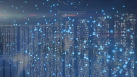 Animation of glowing dots moving over binary codes forming bar graphs Stock Footage 203888734