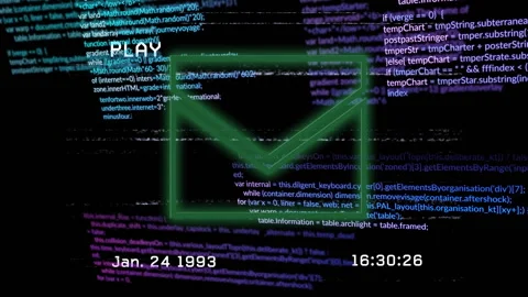 Animation of glowing envelope icon over colorful code in school setting Stock Footage 303430101