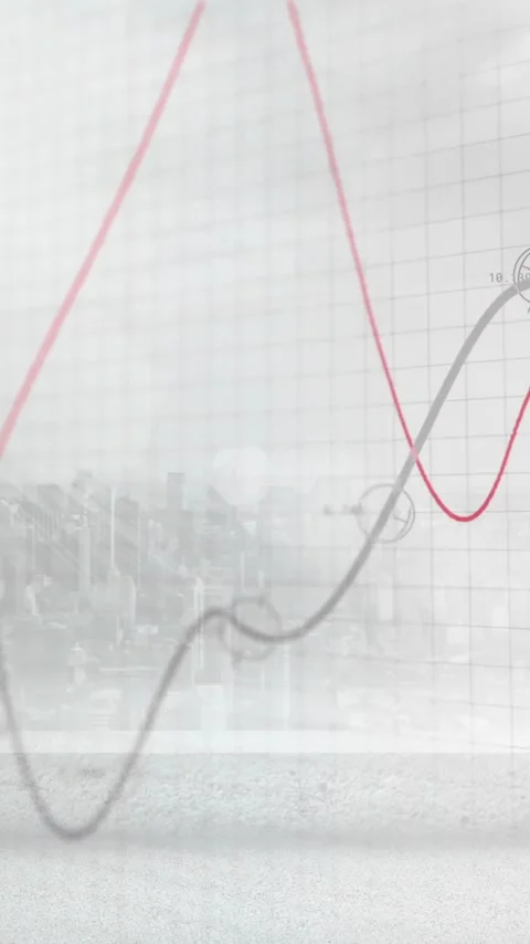 Animation of glowing graph processing data over cityscape and cloudy grey sky Stock Footage 342707783