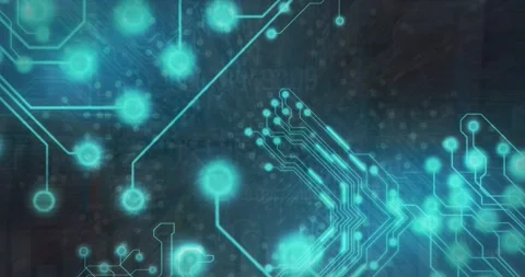 Animation of glowing green microprocessor connections against statistical data Vídeo Stock 254152818