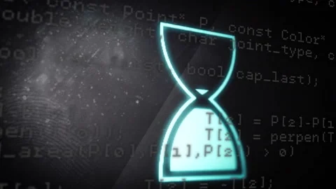 Animation of glowing hourglass icon with computer code in digital school setting Stock Footage 303692799