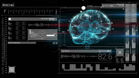 Animation of glowing human brain with digital interface data processing Stock Footage 143904866