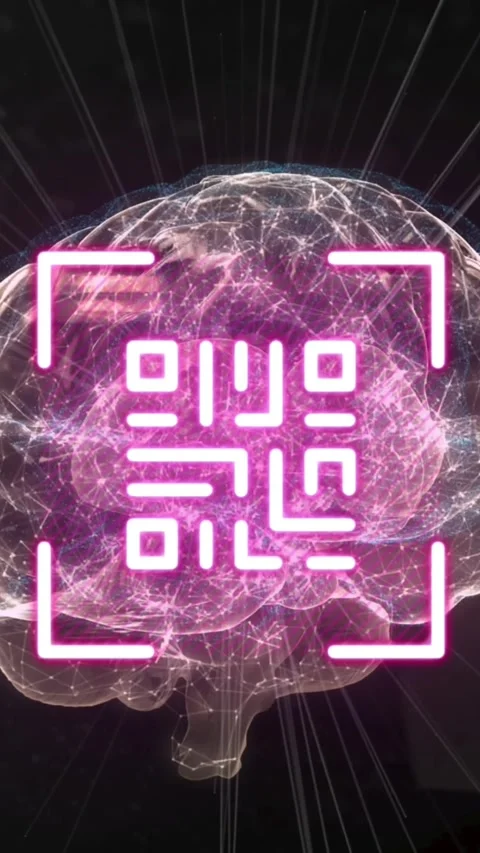 Animation of glowing human brain with qr code digital interface Stock Footage 343824677