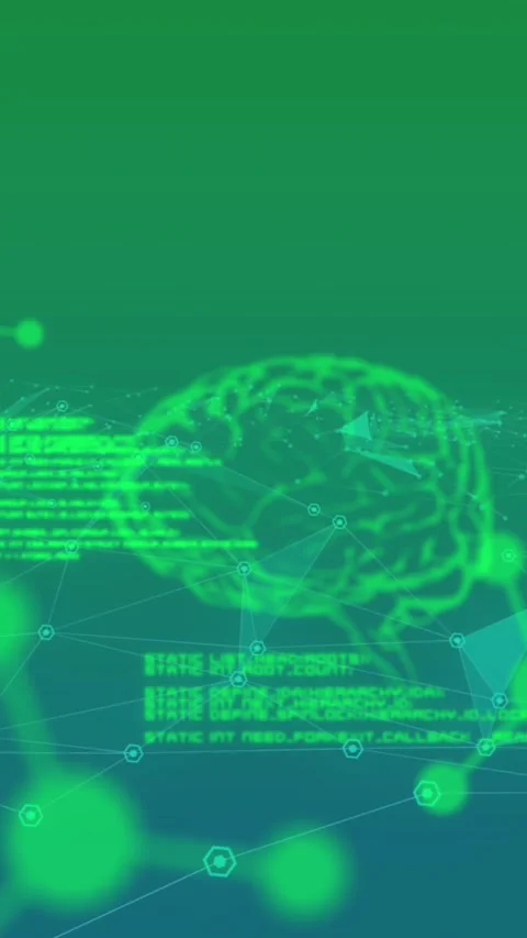 Animation of glowing human brains and hexagons with data processing on green Stock Footage 342677269