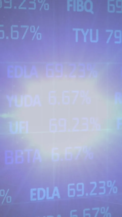 Animation of glowing lens flare, multiple bar graphs over trading board against Видео 343682489