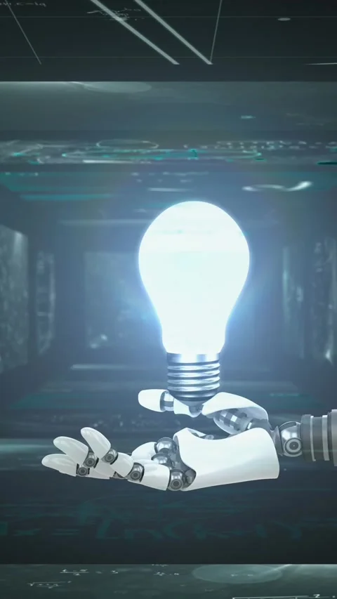 Animation of glowing light bulb over robot's arm and data processing on screens Stock Footage 344594246