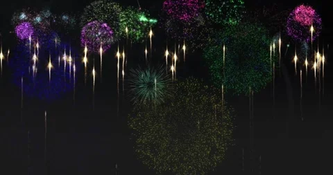 Animation of glowing light trails and fireworks exploding on black background Stock Footage 328411046
