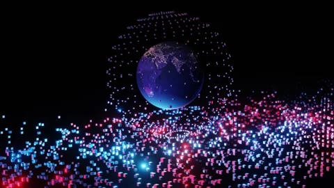 Animation of glowing light trails of data transfer over globe Video stock 256671612