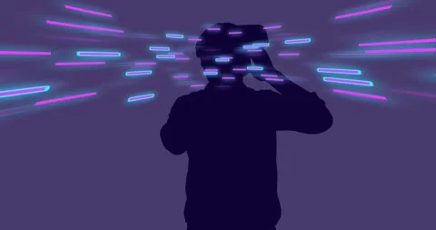 Animation of glowing light trails of data transfer over man in vr headset Stock Footage 328634829