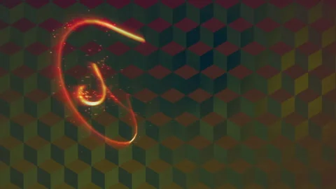 Animation of glowing light trails moving over colorful geometric cube pattern Stock Footage 306169972