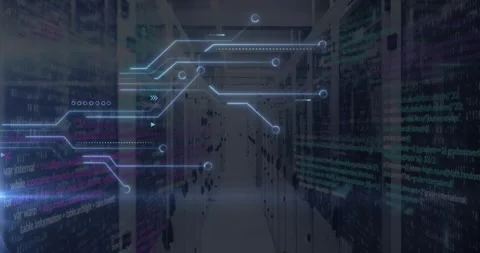 Animation of glowing microprocessor connections, light spot and data processing Vídeo Stock 254227557