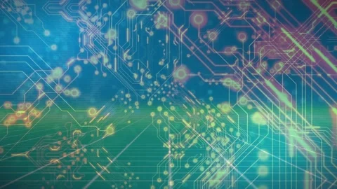 Animation of glowing microprocessor connections over green grid network on blue Stockbeeldmateriaal 234238027