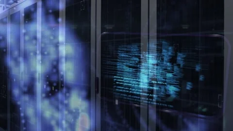 Animation of glowing network and processing data over computer servers Stock Footage 329225366