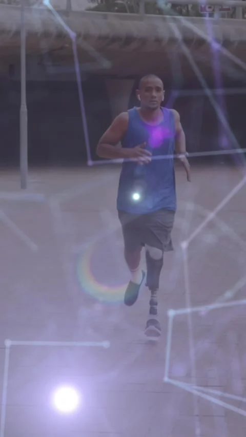 Animation of glowing network of communication over male athlete with prosthetic Stock Footage 342225071