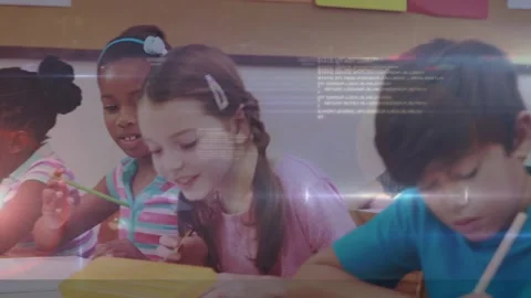 Animation of glowing network of connections over students in lecture students in Stock Footage 329222820