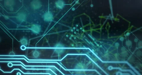 Animation of glowing nodes and digital circuit lines forming network connections Stock Footage 303675780
