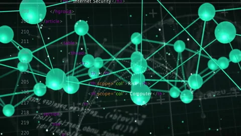 Animation of glowing nodes and lines with computer code in digital network Stock Footage 303609082