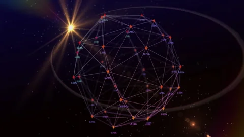 Animation of glowing nodes in geometric network structure with cosmic background Stock Footage 303528568