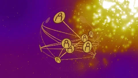 Animation of glowing particles forming network of connected profiles on purple Stock Footage 329859520