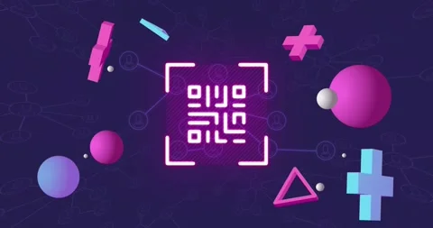 Animation of glowing pink qr code and 3d shapes over network on black background Stock-Footage 244737646