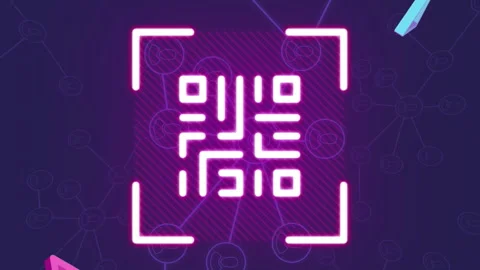 Animation of glowing pink qr code and 3d shapes over network on black background Stock-Footage 312521232